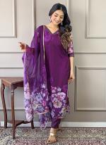 Pure Organza Purple Traditional Wear Printed Readymade Kurti Set